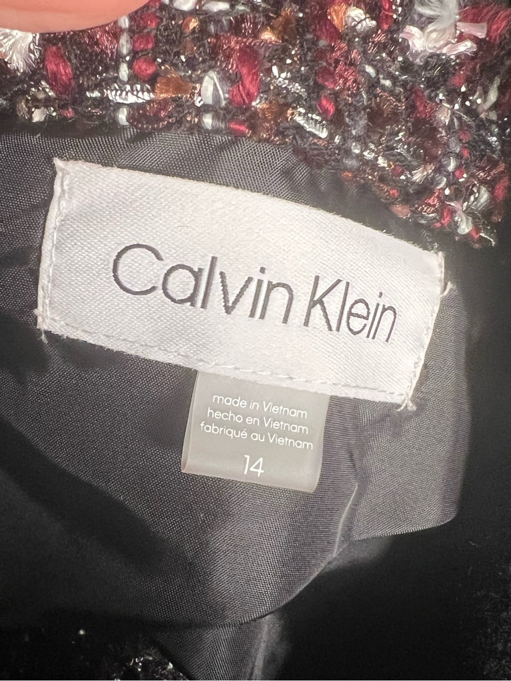 Calvin Klein Open Front Tweed Jacket. NWT size 14. With Pockets. Black &Burgundy - Picture 8 of 11